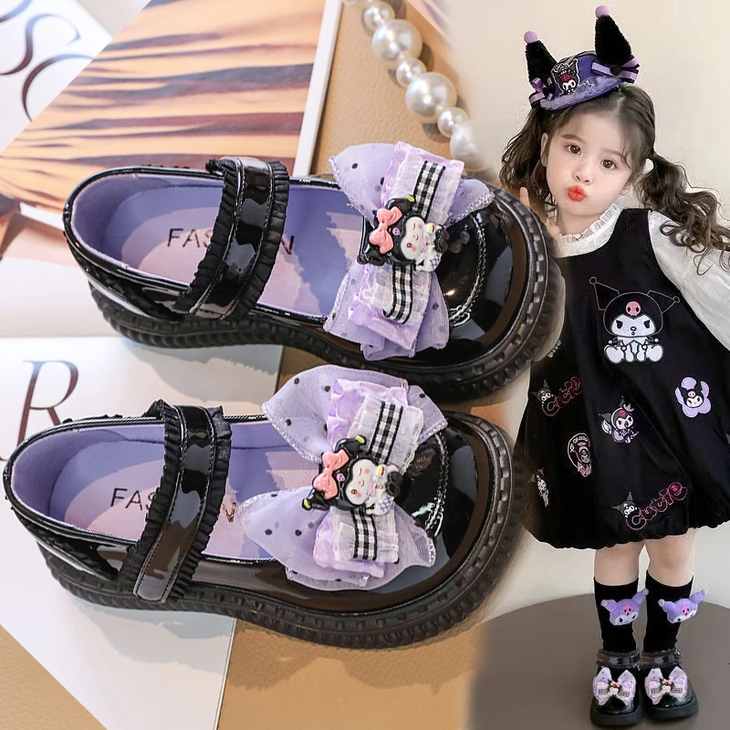 ABC 女童库洛米小皮鞋2025年春秋季新款儿童中大童网纱蝴蝶结公主