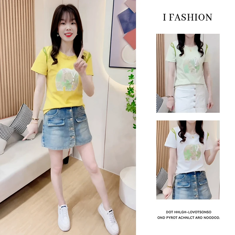 高含棉2025夏季新款时尚t恤女短袖刺绣撞色上衣ins显瘦百搭上衣