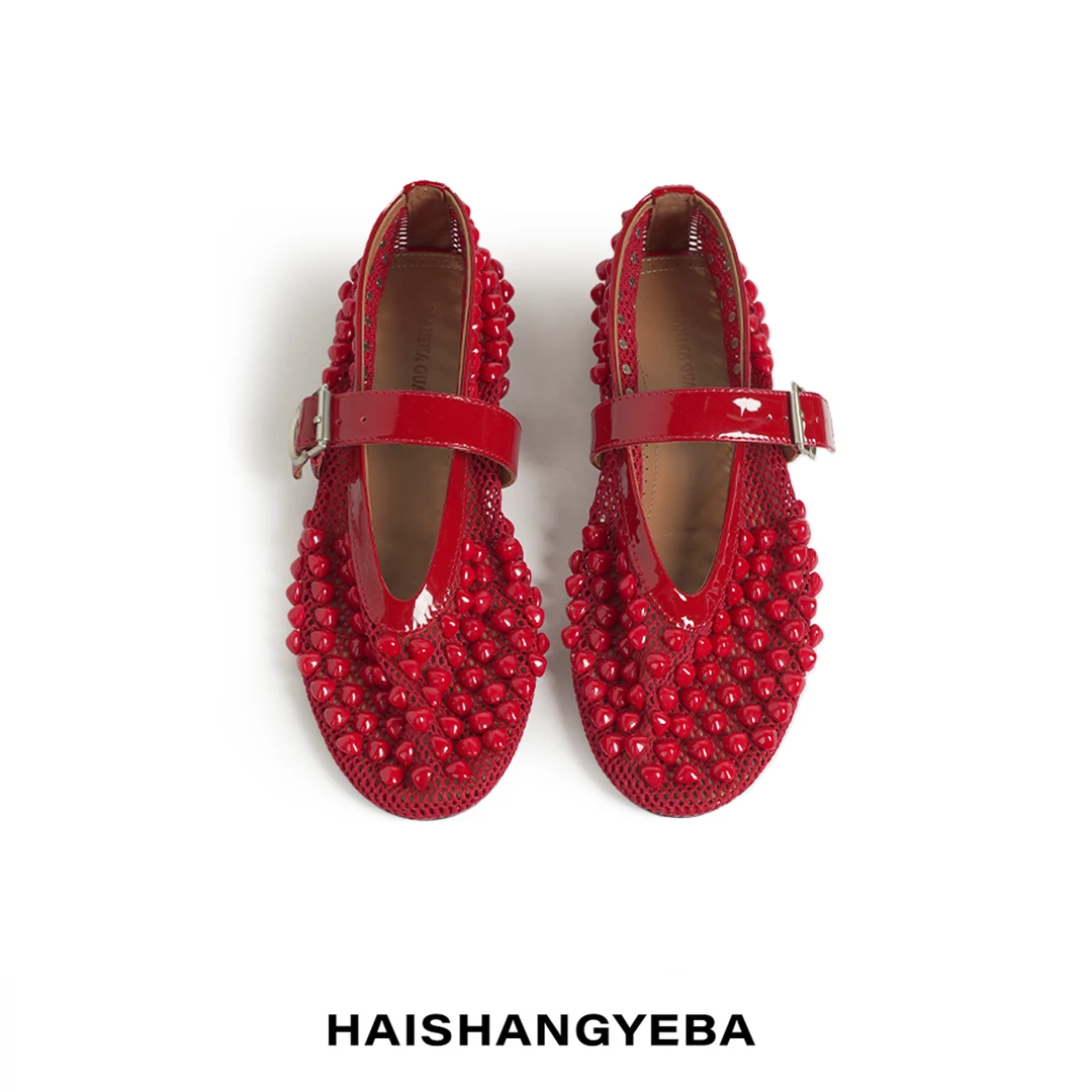 【海上叶爸】新款2025春夏百搭染皮拼接橡胶防滑时尚轻奢单鞋