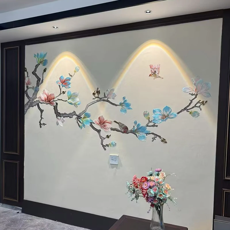 独绣刺绣无缝壁布花鸟七彩花朵客厅电视沙发背景墙布新中式独秀