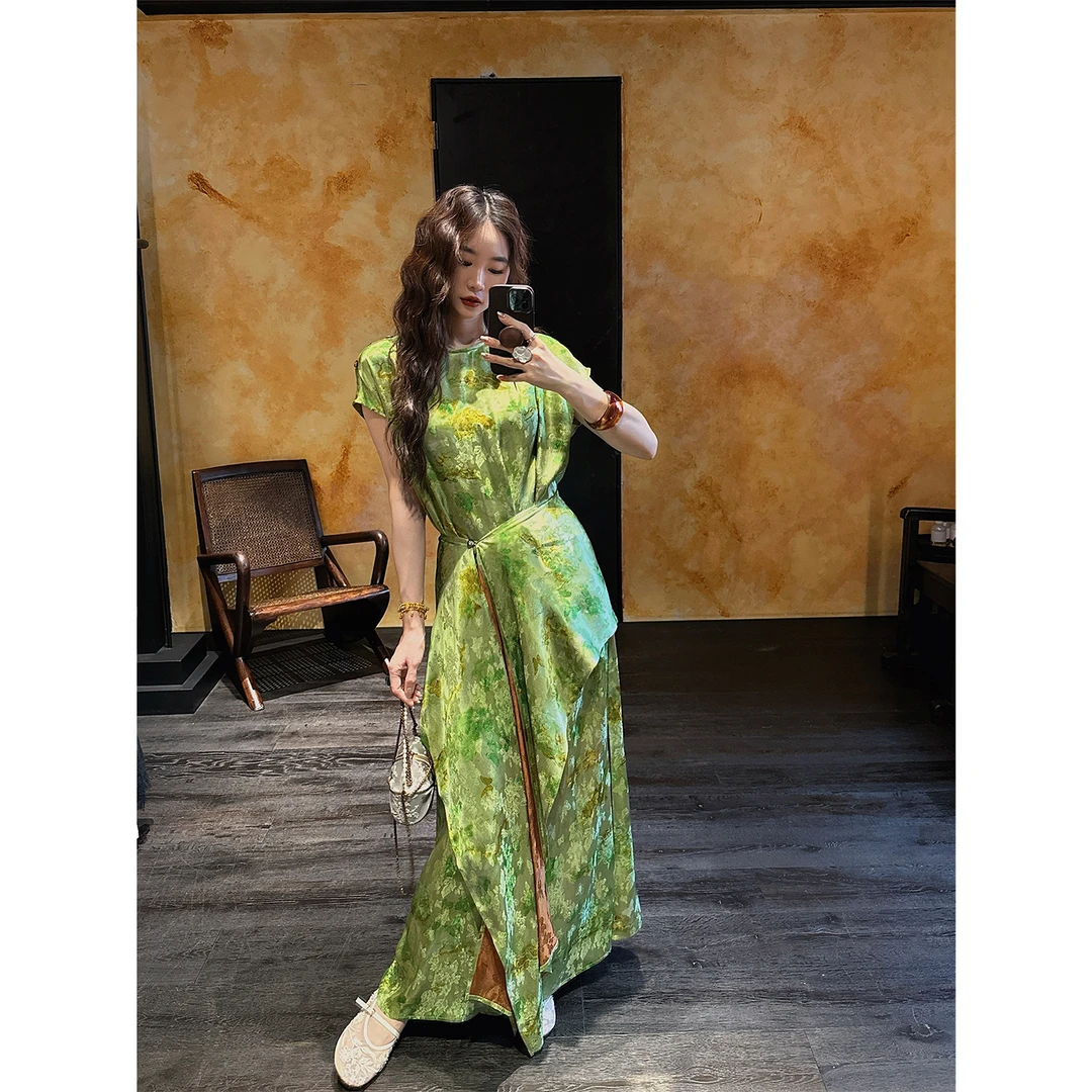 三吉黑花【与花时】新中式国风连衣裙2025新款人丝长裙子巨好看潮