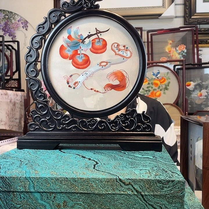 有机玻璃苏绣摆台檀木双面手工精工