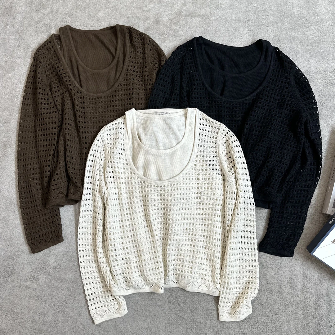 【米可家】细羊毛镂空感真两件套（背心+长袖）6355