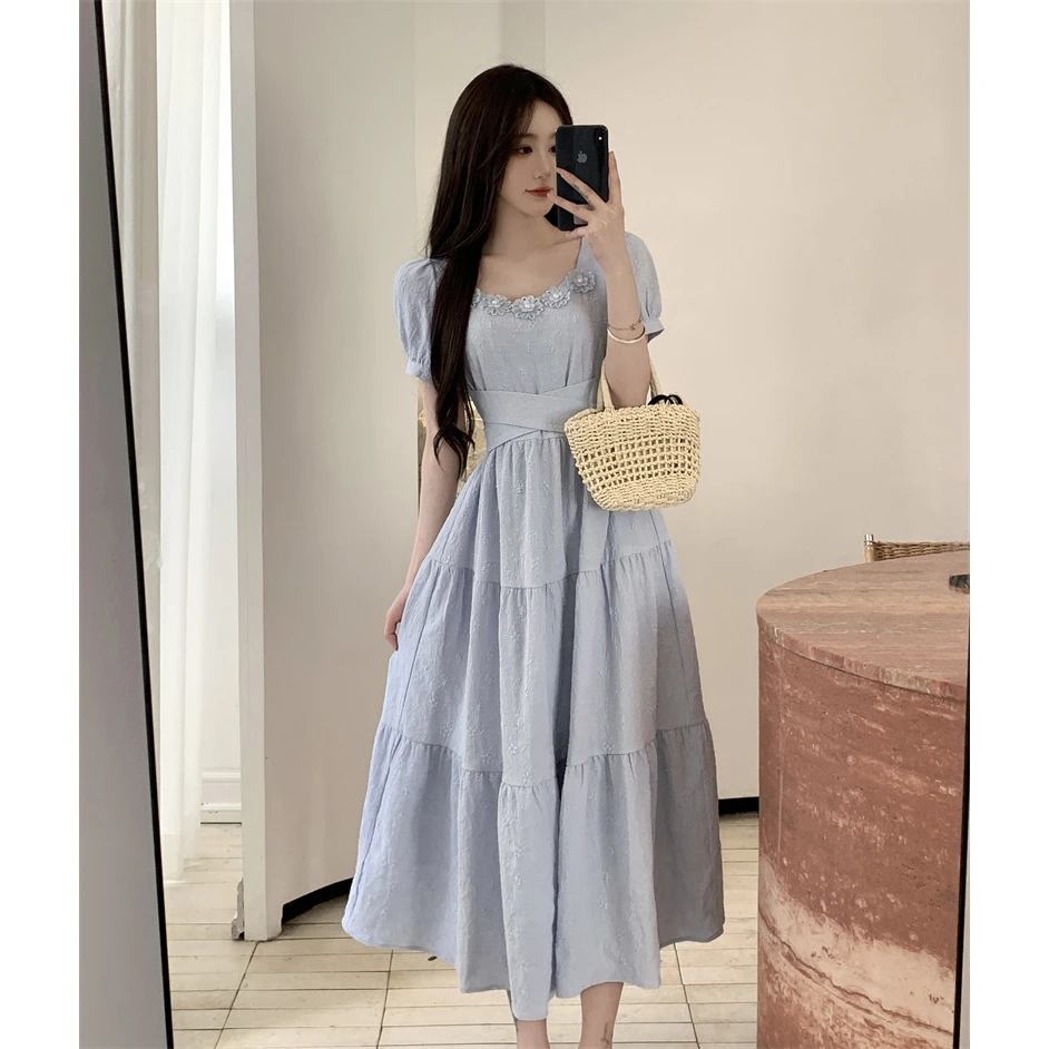 大码琉璃海岸蓝色法式短袖连衣裙女夏季收腰长裙气质a字裙