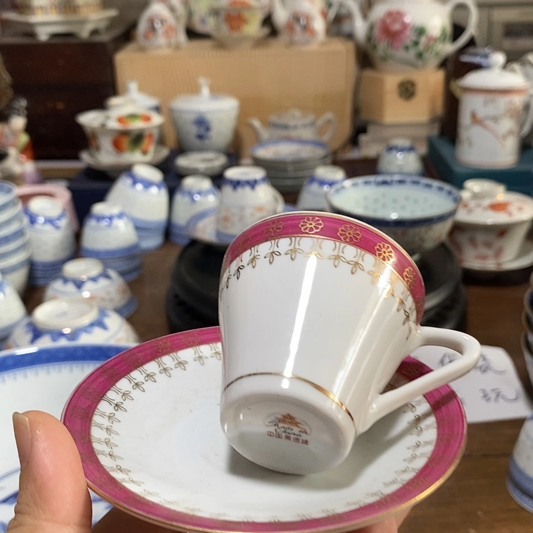 难***涂摆件手绘咖啡杯碟一套