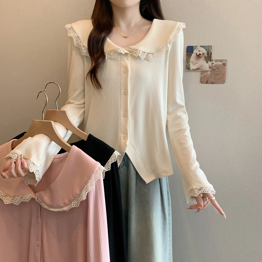 清大码温柔风2025秋季蕾丝拼接长袖衬衫娃娃领气质减龄上衣63958
