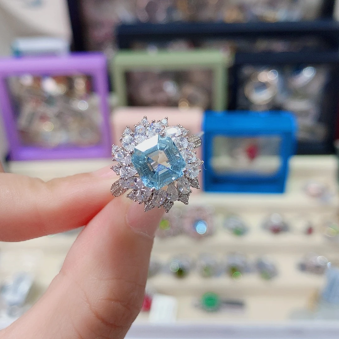 海蓝宝石戒指银S925镶嵌