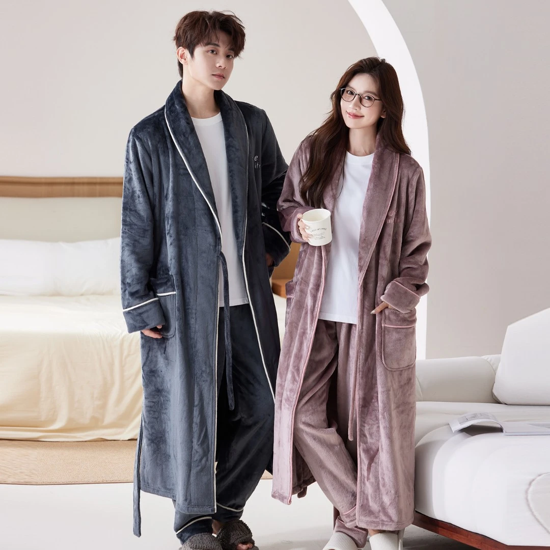 睡袍女秋冬季珊瑚绒加厚加绒睡衣男法兰绒浴袍保暖晨袍大码家居服