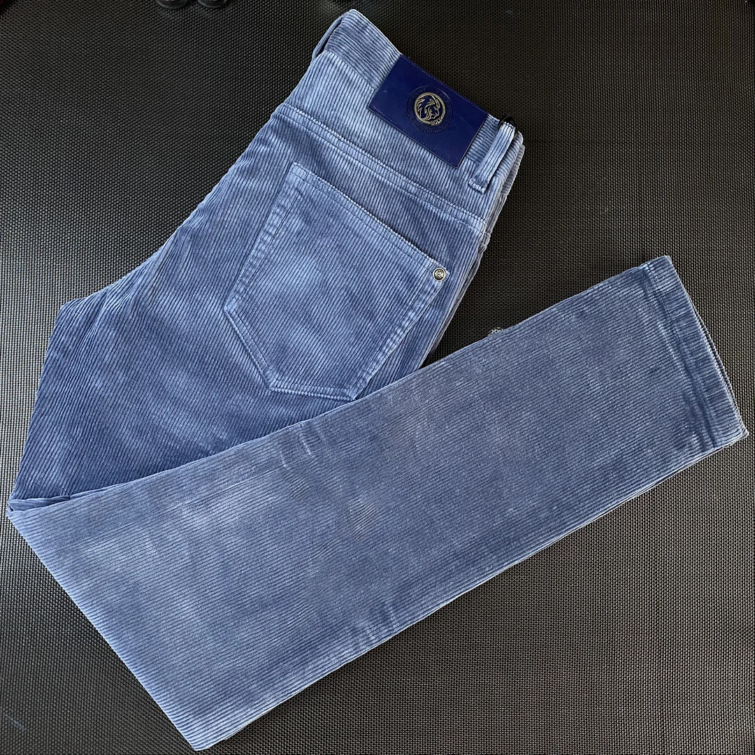 高级感彩蓝色灯芯绒休闲长裤男士欧美简约修身小脚裤条绒男裤子潮