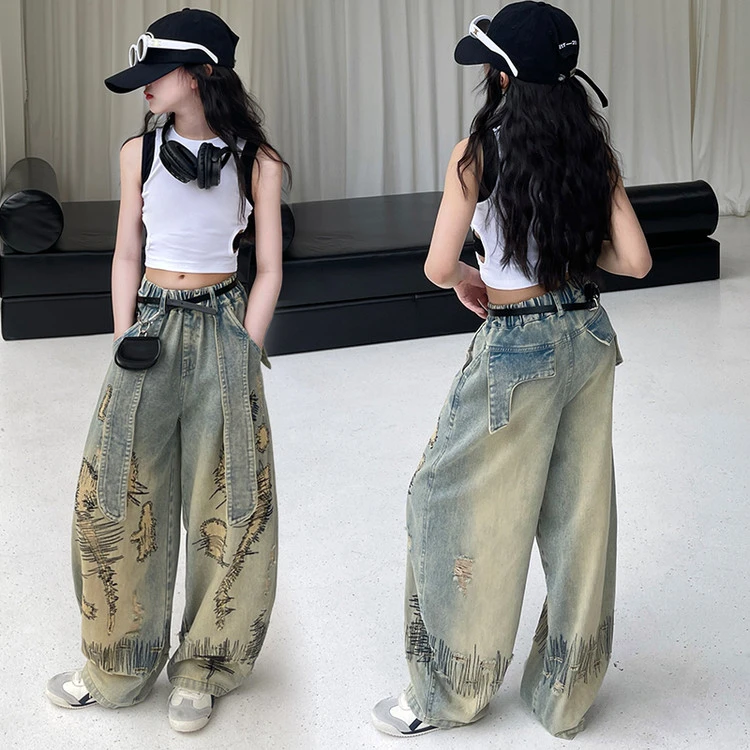 女大童套装牛仔裤薄款夏装爵士舞洋气时髦女孩背心中童休闲宽松直