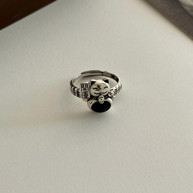 925银戒指 s925纯银黑色招财猫戒指女小众设计感复古食指戒