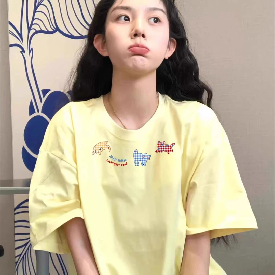 慵懒风洋气奶黄色纯棉短袖女款爆款2025夏季新款宽松半袖上衣女潮