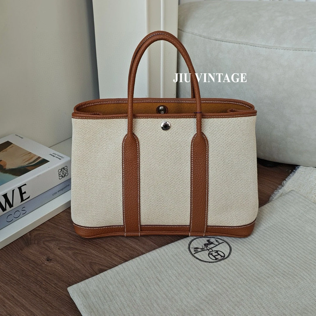 99新 Hermes/爱马仕 金棕帆布garden30 b刻 BJM2-7350