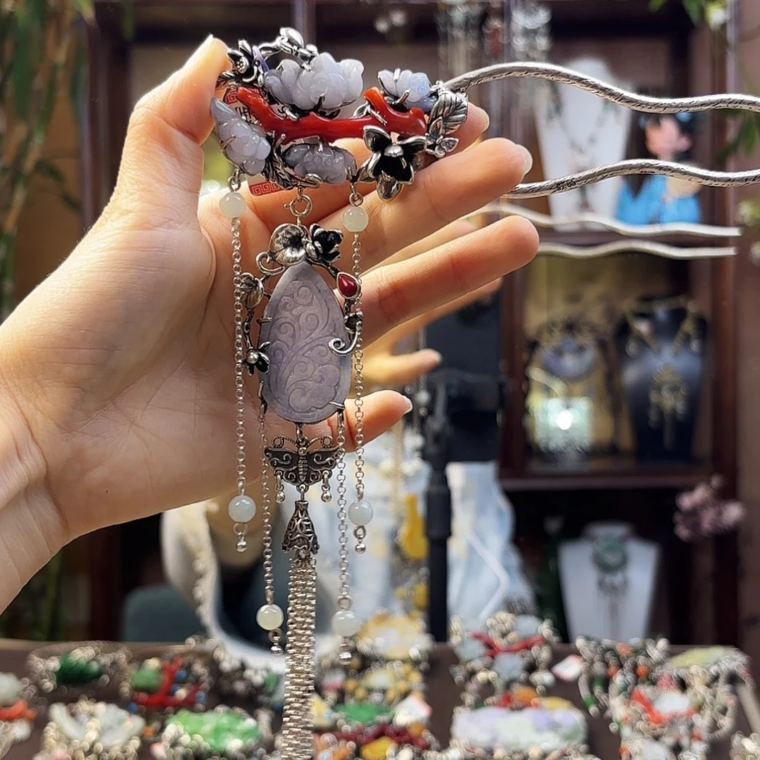 佳***人翡翠银S925镶嵌发饰发簪