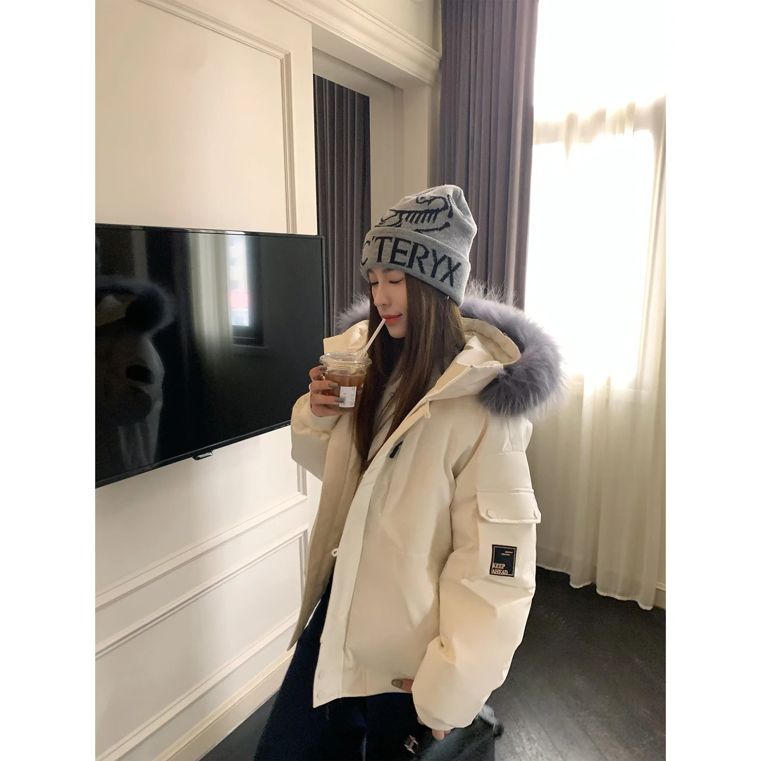 白色工装大毛领派克棉服外套女2025冬季宽松加厚连帽棉衣袄面包服