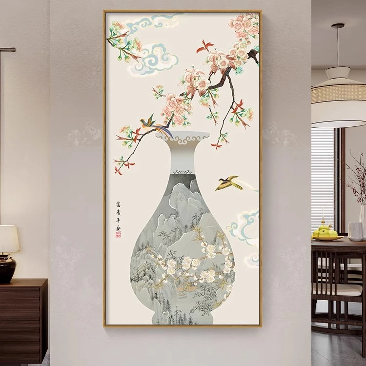 新中式花鸟玄关装饰画客厅入户竖版走廊过道挂画平安富贵高档壁画