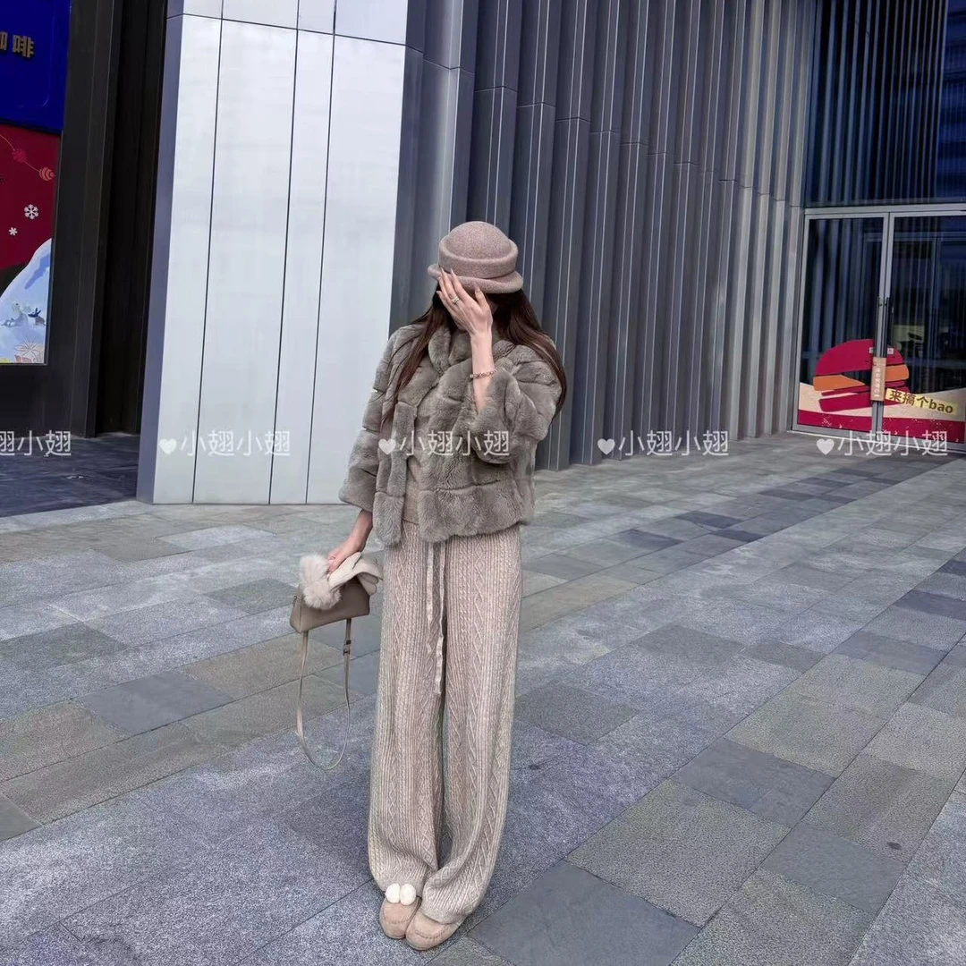 小翅服饰  复古花纹软糯休闲女高腰显瘦系带宽松阔腿拖地针织裤