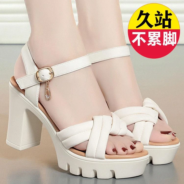 夏季粗跟凉鞋女款厚底外穿百搭一字扣带高跟鞋防水台妈妈鞋子露趾