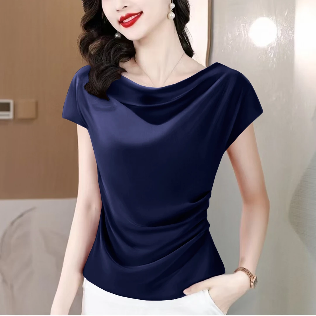 夏季时尚气质法式小众独特超柔缎面上衣高级感成熟紫色荡领衬衫女