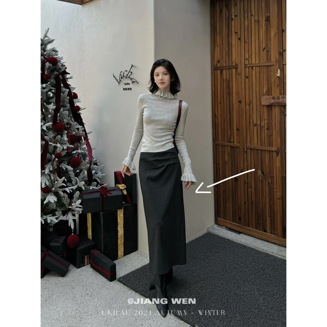 UKILAU【波点半裙】灰色高腰显瘦不规则褶皱开叉毛呢波点半身裙