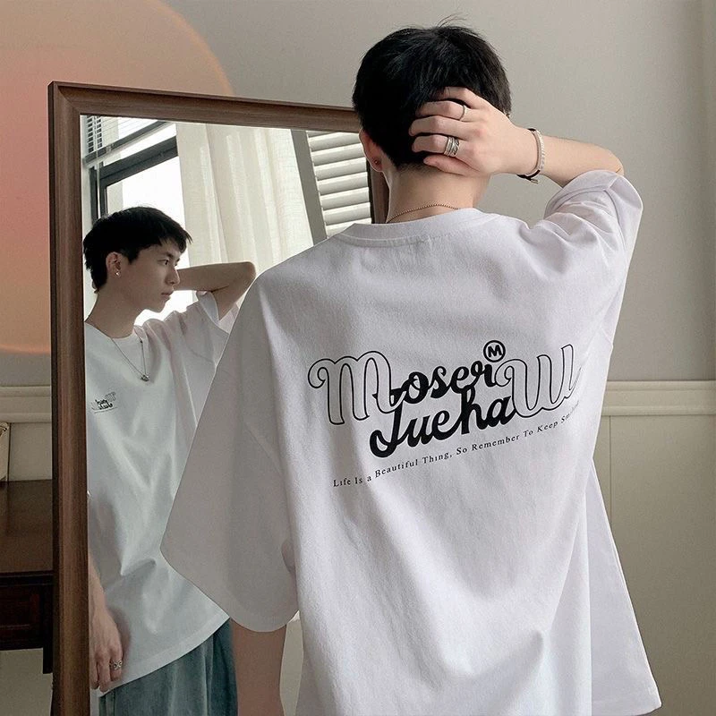 夏季街头潮牌学生重磅短袖男t恤美式嘻哈宽松休闲白色纯棉上衣ins