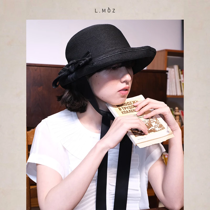 L.MOZ春夏新款圆顶礼帽女法式卷边蝴蝶结草帽遮阳显脸小