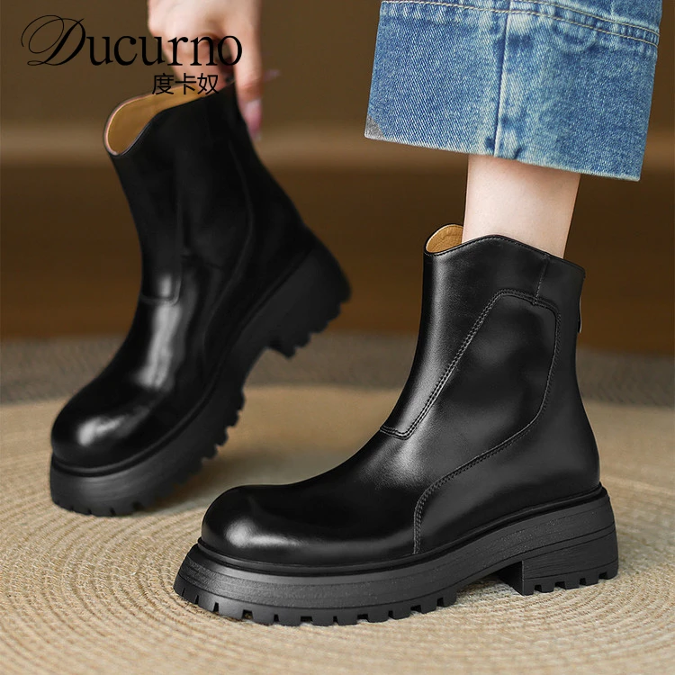 DUCURNO圆头粗跟时尚马丁靴女后拉链圆头厚底小短靴真皮瘦瘦靴子