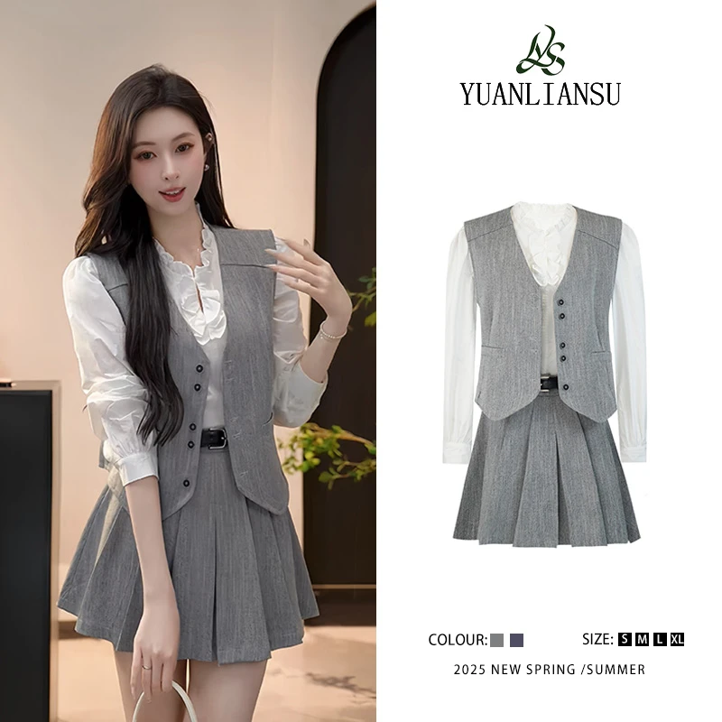 【暮色舞曲】法式复古衬衫+马甲+半身裙三件套女