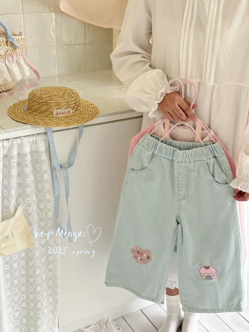 hey·萌希 25春 女童韩版浅色直筒贴布牛仔裤