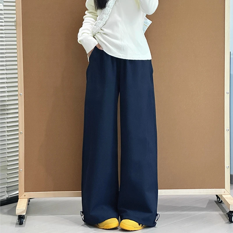 藏青色美式运动裤女春秋季新款高腰束脚卫裤小个子宽松休闲阔腿裤