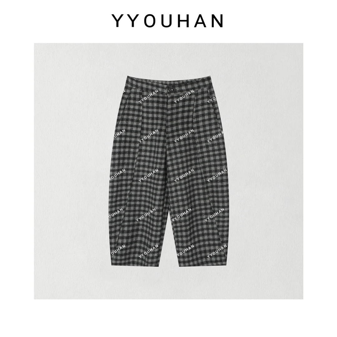 小众设计极简风立体剪裁厚款格纹休闲裤 2412B5834