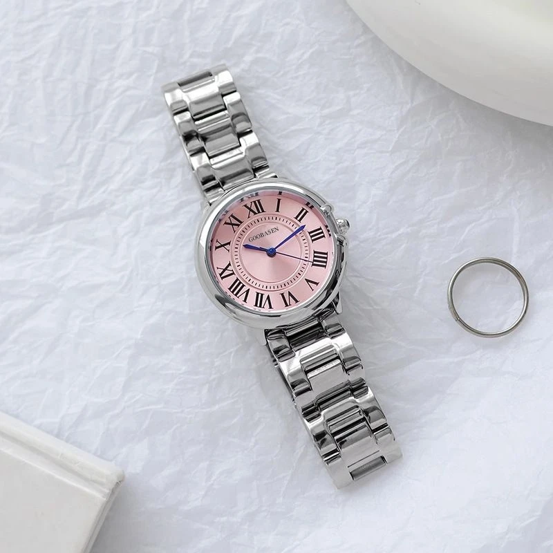 防水手表女款潮流时尚圆形表盘粉色复古气质钢带商务休闲轻便精致