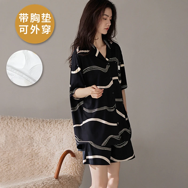 夏季带胸垫睡衣女士宽松薄款外穿防凸点学生短袖短裤家居服两件套
