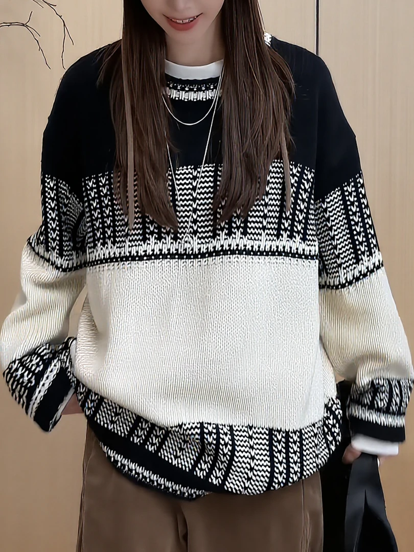 2025秋冬轻奢时尚复古风费尔岛拼色提花圆领女长袖套头针织衫毛衣