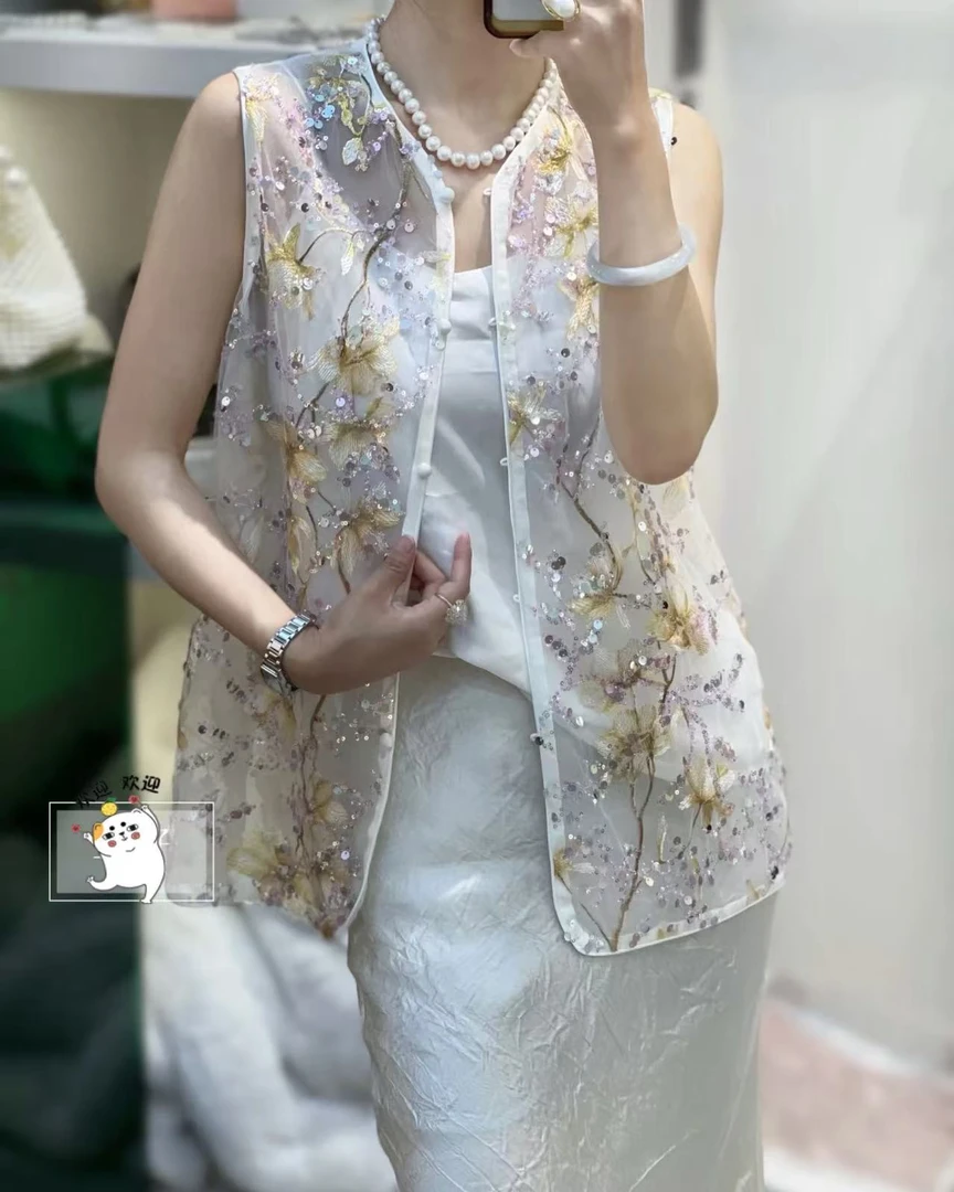 新中式 圆领百搭亮片刺绣网纱马甲---特