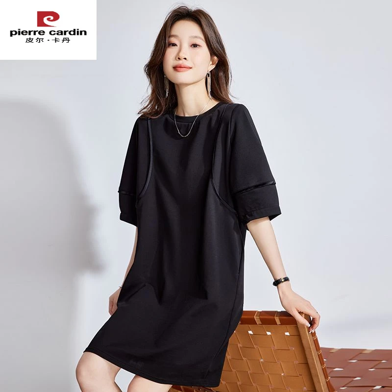 皮尔卡丹宽松腰树脂固色A字裙轻便连衣裙气质时尚黑色休闲纯色不