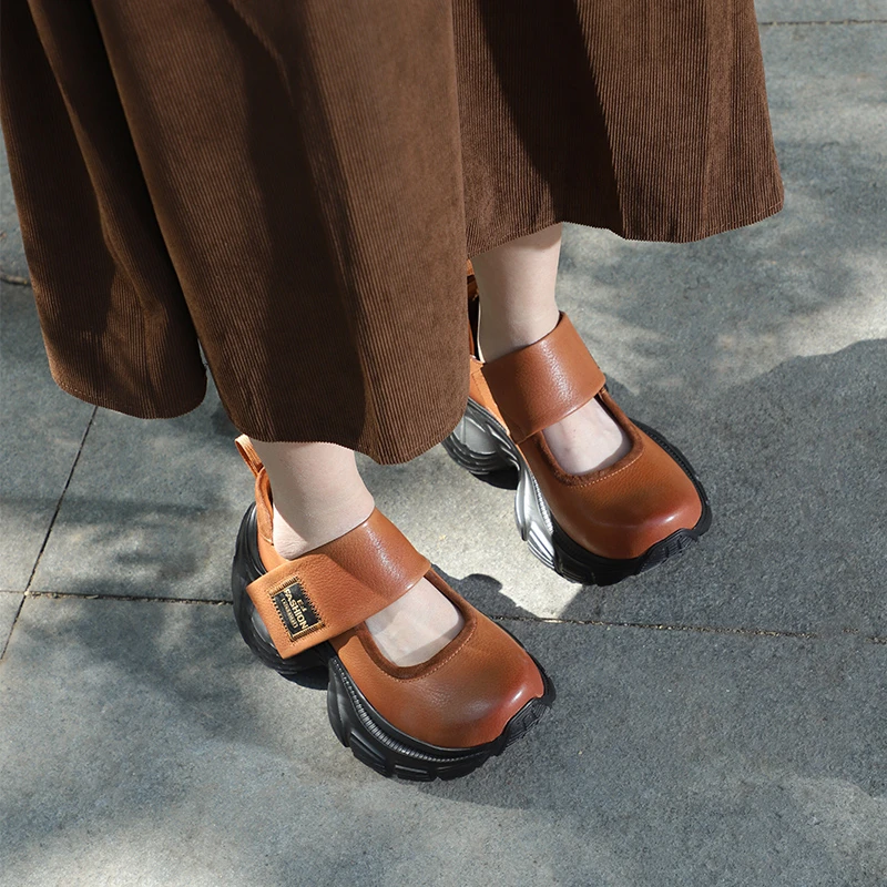 谜丫蜜原创真皮厚底运动鞋女2025年春夏新款浅口一字带四季单鞋子