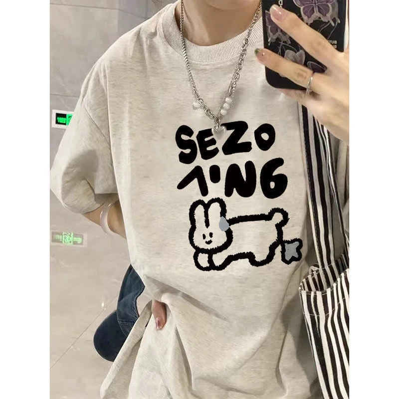 HandSeven夏季短袖小狗百搭情侣宽休闲宽松慵懒风小众圆领印花