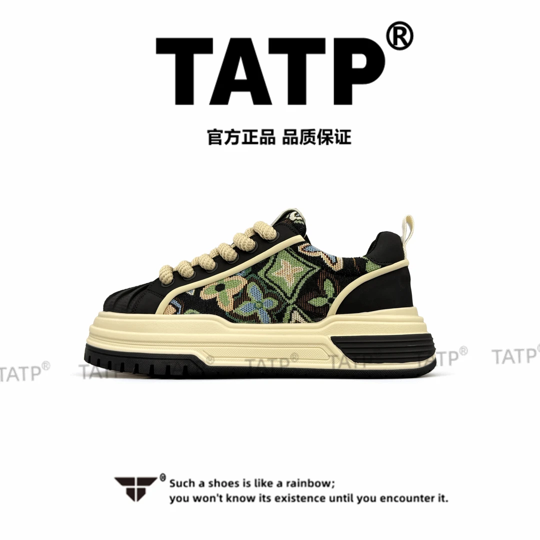 TATP2025时尚潮流国潮刺绣风男士板鞋厚底低帮舒适百搭增高鞋