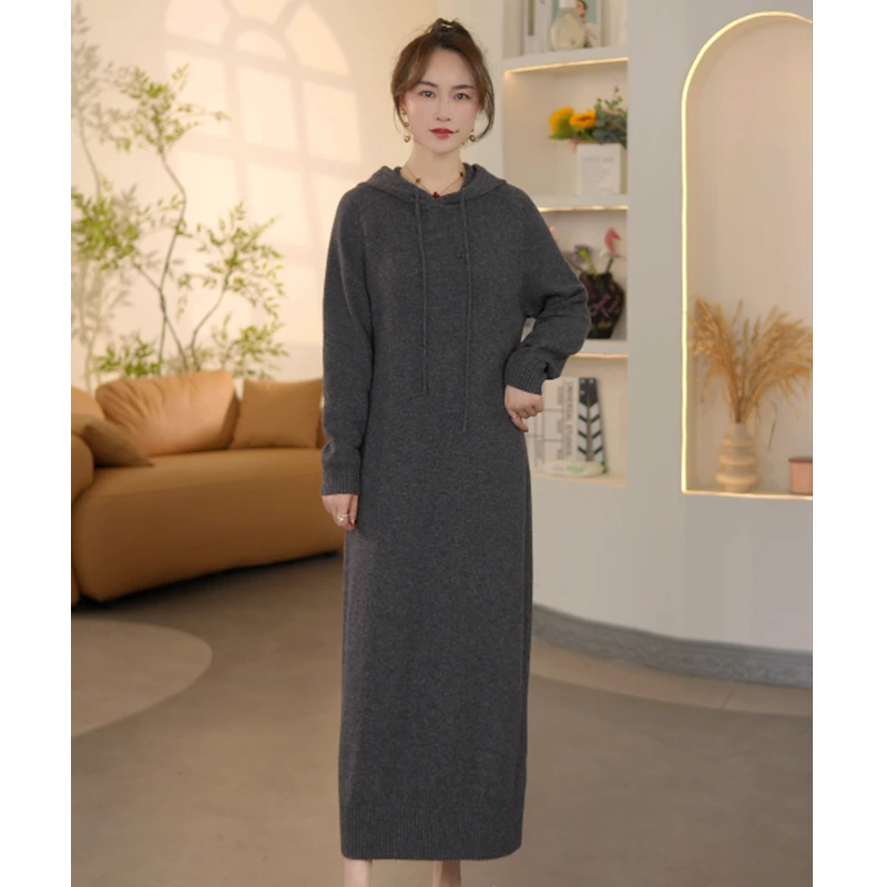 【优莎】JY1048连帽长款羊毛针织毛衣连衣裙