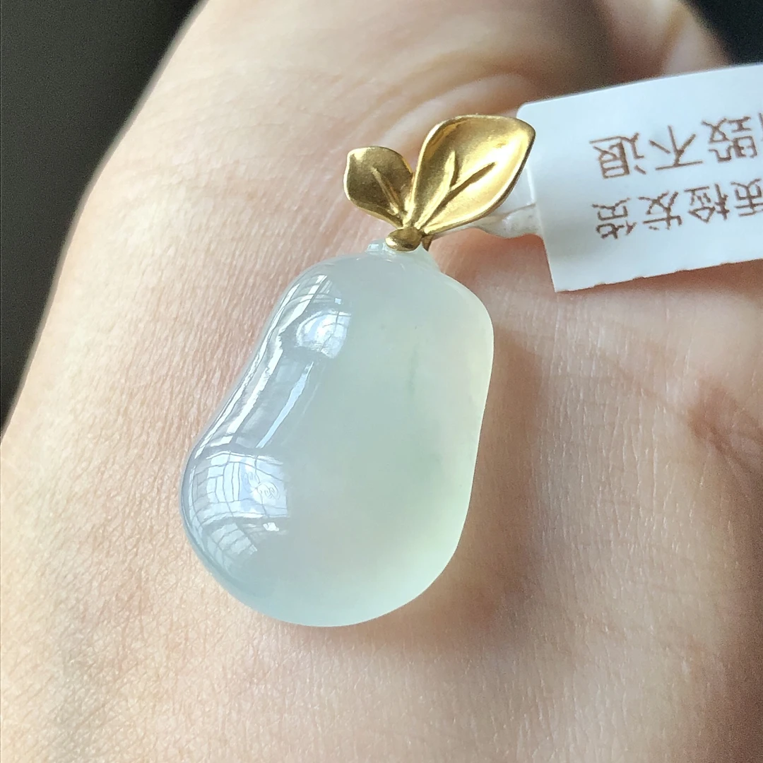 缅甸天然A货翡翠18k金镶嵌老坑冰种福瓜吊坠尺寸29.3/15.6/5.8