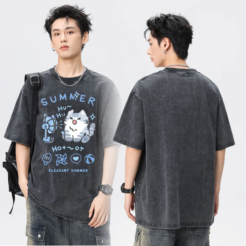 风扇猫水洗黑宽松卡通猫咪印花百搭短袖t恤男女减龄正肩半袖内搭