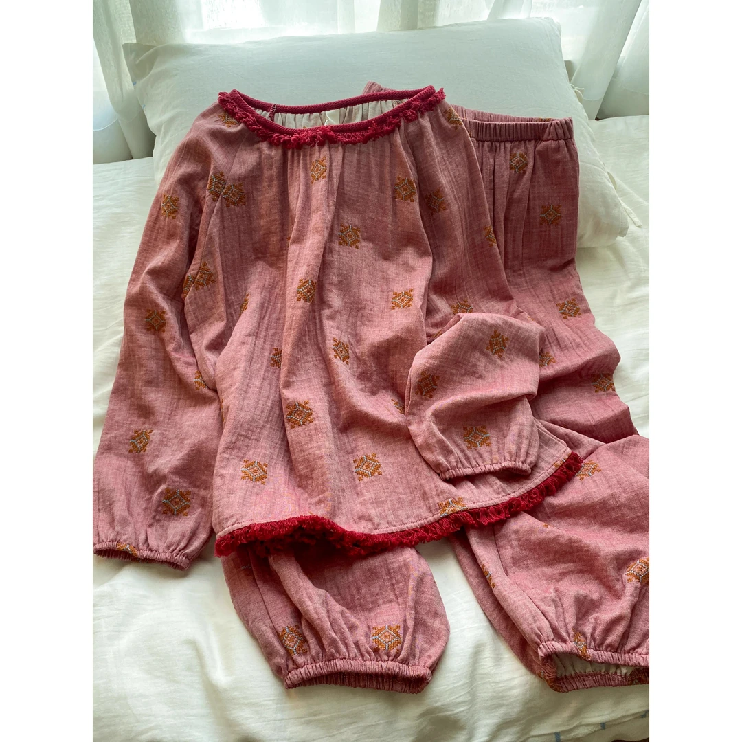 新中式国风高级感花边睡衣女春夏款长袖长裤可外穿大码家居服套装
