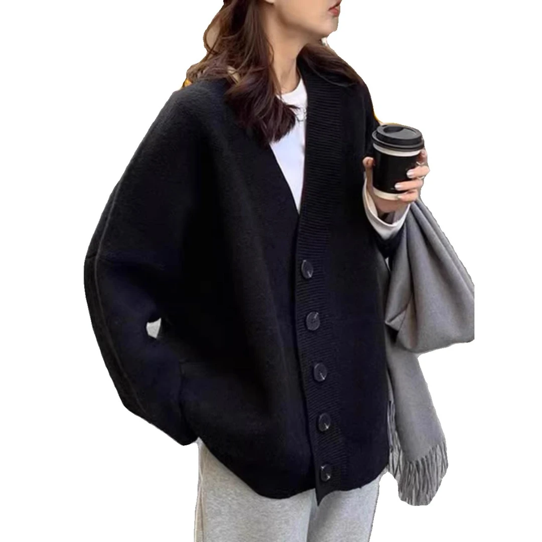 时尚黑色针织开衫女2025年早春宽松毛衣外燕麦色针织衫