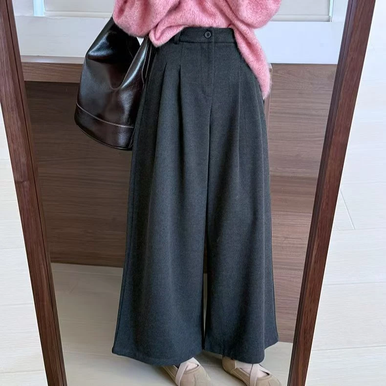 A9189毛呢阔腿裤冬季新款慵懒高腰宽松休闲显瘦百搭裤