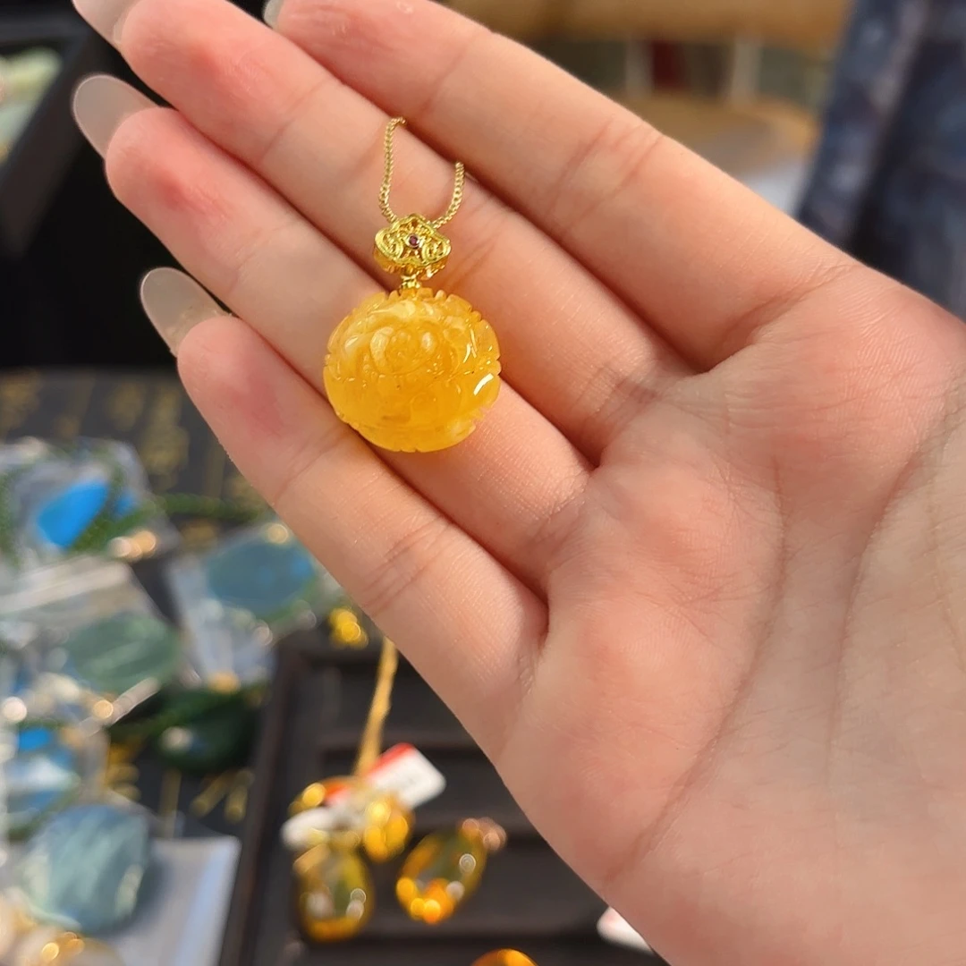 未镶嵌蓝珀戒指牡丹花吊坠