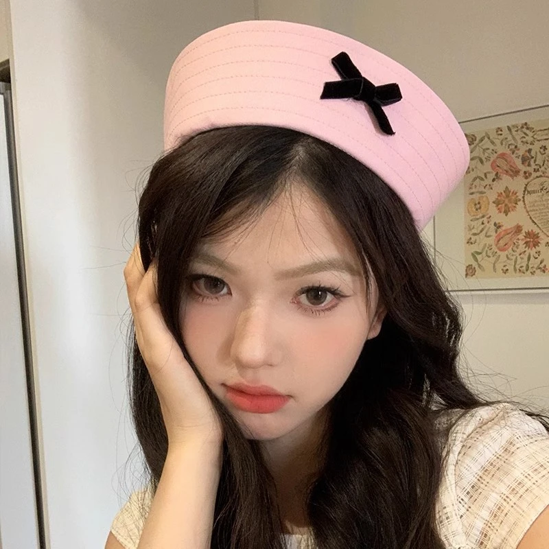 粉色JK蝴蝶结贝雷帽海军帽女夏季帽翻檐百搭可爱甜美少女水手帽子