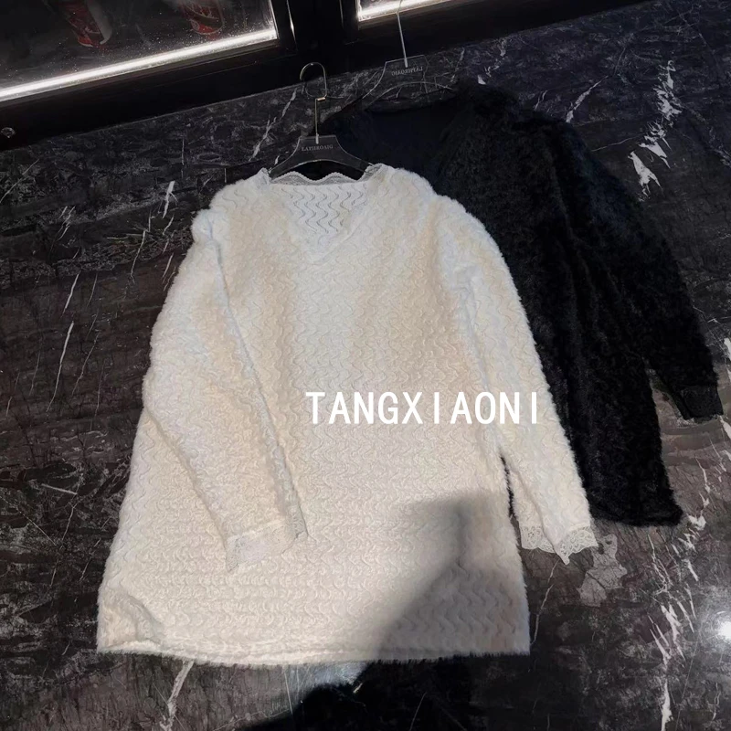 加绒 加厚 加大【白月湾】黑白两色毛绒针织上衣