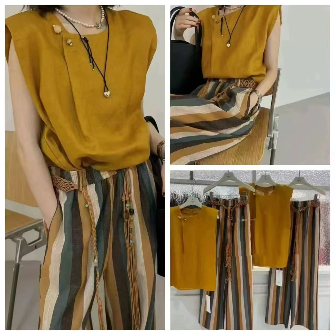 【锦衣服饰】X FA 6176欧货垫肩胸针圆领衫条纹阔腿裤套装无腰带