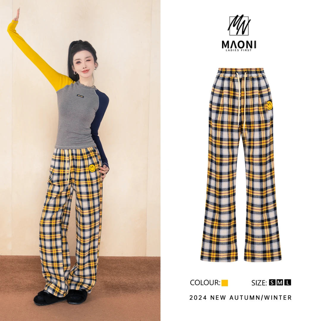毛妮Peshe【笑脸格子裤】加绒直筒抽绳慵懒显瘦休闲裤2025冬L1164